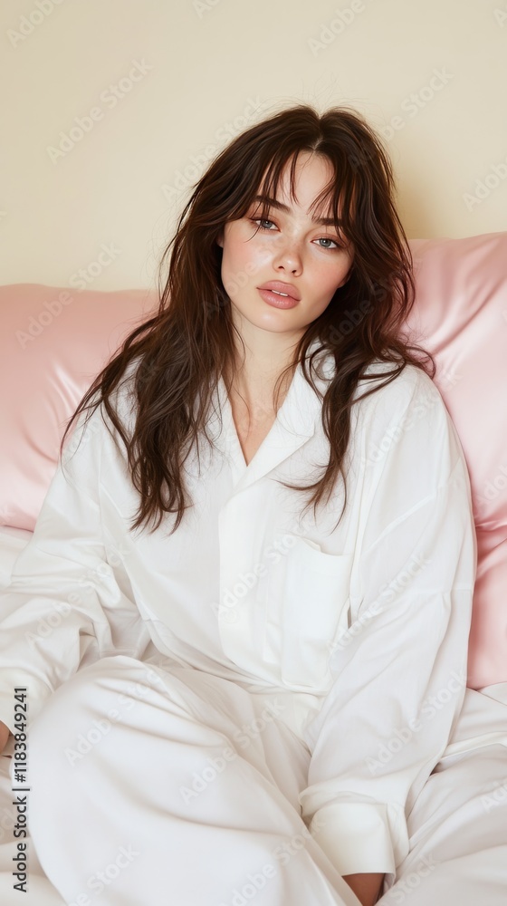 A young woman with long brown hair in a white outfit sits calmly on a bed, with a soft pink pillow behind her, peaceful mood A young woman with long brown hair in a white outfit sits calmly on a bed, with a soft pink pillow behind her, peaceful mood