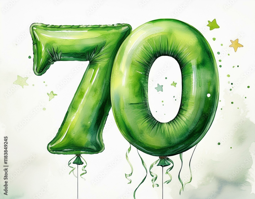 Obraz premium Green birthday / anniversary party balloon, number 70, watercolor painting with white background