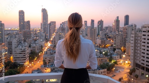 Woman with long hair stands on a glass balcony, gazing at an urban skyline at sunset. Modern cityscape, sunset view
 photo