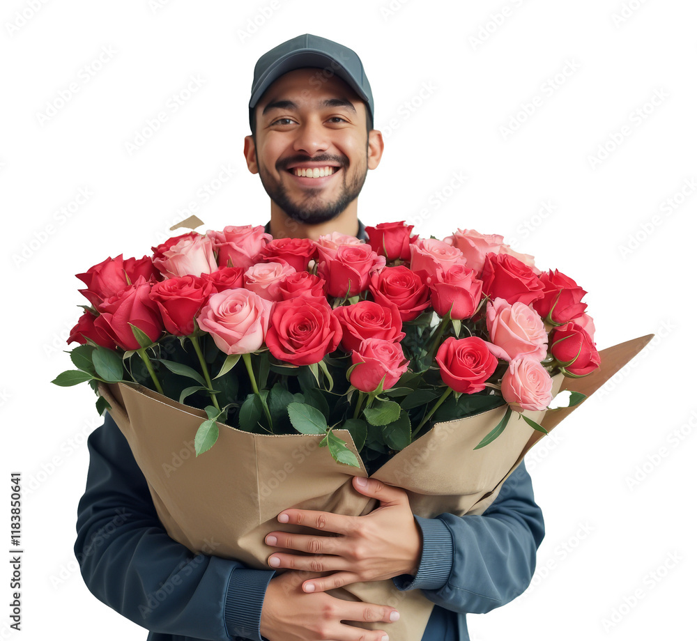 Smiling man courier in a vibrant bouquet of red and pink roses on transparent background. Flower delivery concept. Smiling man courier in a vibrant bouquet of red and pink roses on transparent background. Flower delivery concept.