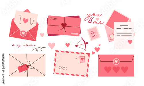 Set of Envelopes and Love Letter Stickers. Romantic Open and Closed Envelopes with Various Elements for Wedding and Valentine Day Decoration Flat Hand Drawn Illustration