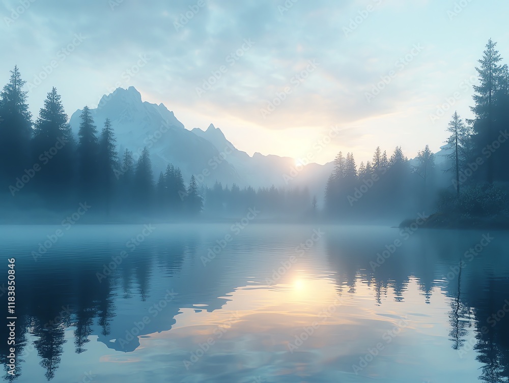 Fototapeta premium Misty Mountain Lake: Serene Sunrise Landscape Painting