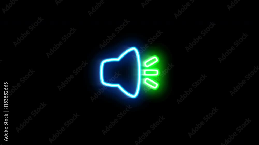 The blinking neon light of a music and sound icon, against a black background. The blinking neon light of a music and sound icon, against a black background.