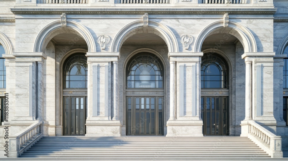 Fototapeta premium Elegant building facade with arched entryway, marble columns, and grand staircase.
