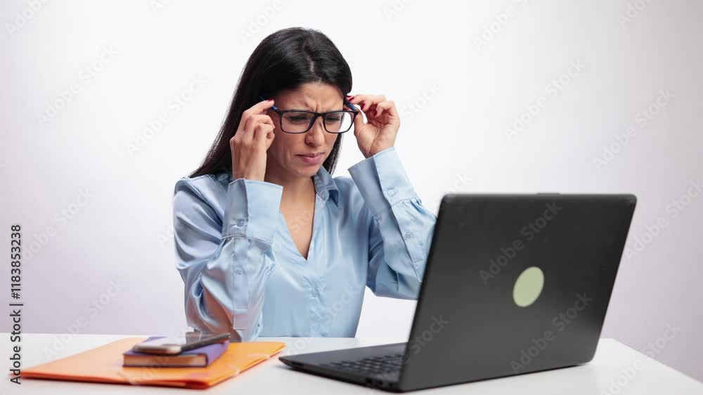 Latin businesswoman suffering eye strain in slow motion on white background Latin businesswoman suffering eye strain in slow motion on white background