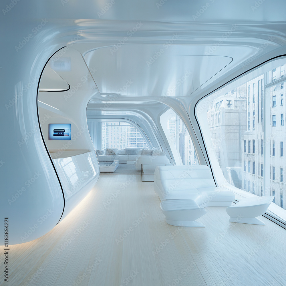 Fototapeta premium Futuristic interior design showcase urban apartment digital media modern space panoramic view innovative aesthetics