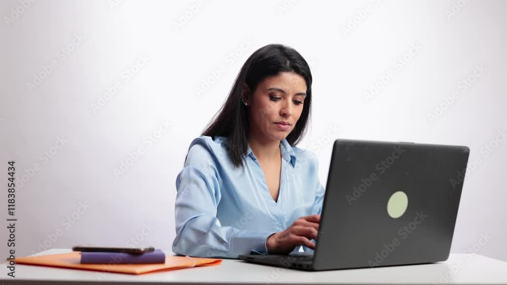 Latin businesswoman working on laptop in slow motion on white background Latin businesswoman working on laptop in slow motion on white background