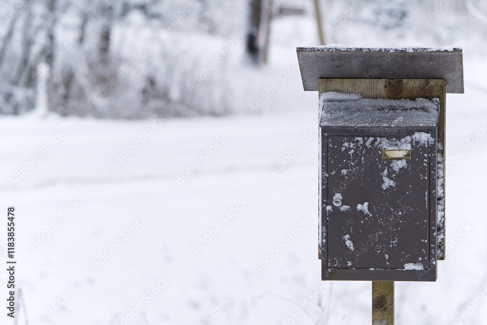 A charming retro style dark brown wooden mailbox stands elegantly on a snowy roadside during winter. The mailbox, adorned with a small American flag, contrasts beautifully with the white snow.