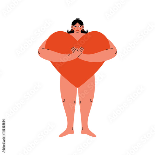 Woman with huge red heart. Cartoon girl character holding big love symbol, happy young person with valentines day gift. Vector flat illustration
