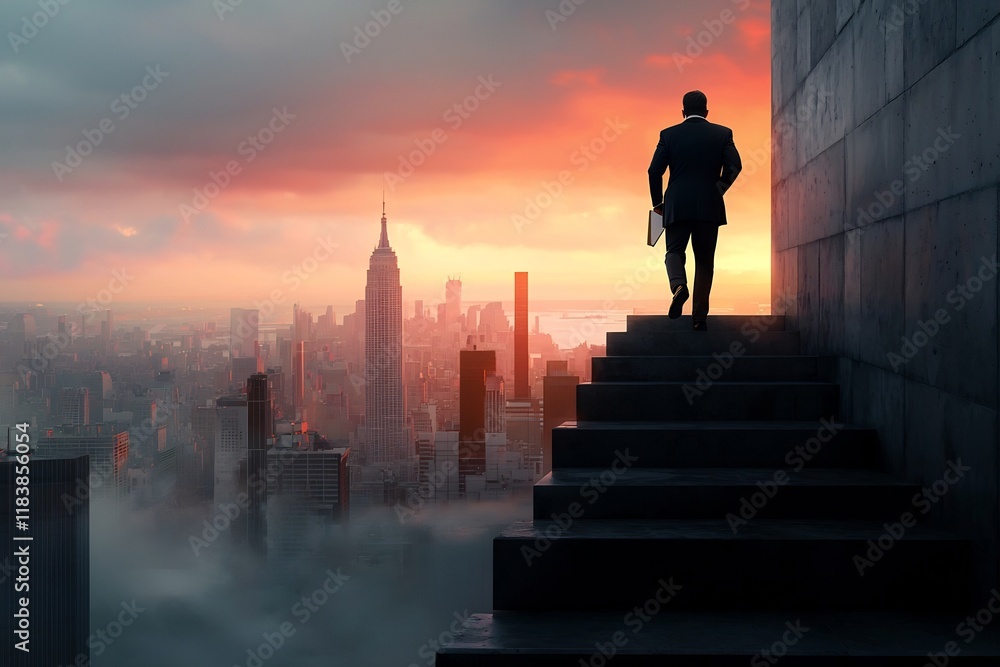 Ambitious Executive Climbs Steep Staircase Eyes Fixed on Majestic Cityscape An Embodiment of Determination to Achieve Greatness in the Corporate Landscape Ambitious Executive Climbs Steep Staircase Eyes Fixed on Majestic Cityscape An Embodiment of Determination to Achieve Greatness in the Corporate Landscape
