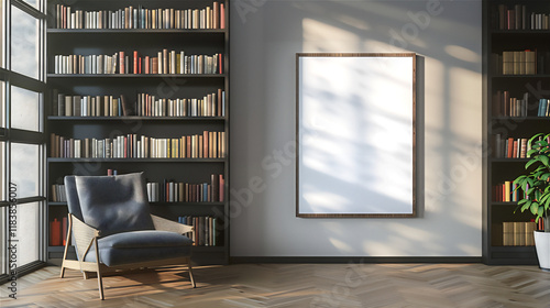 Library room with blank photo frame on the wall, version 11