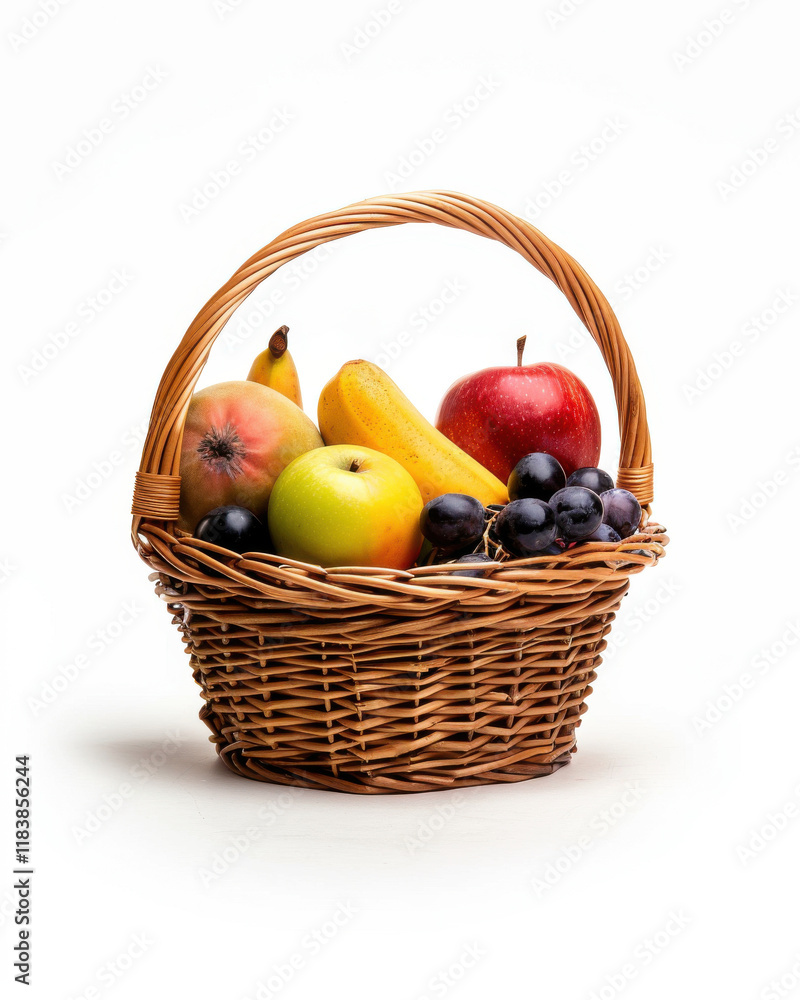 Fruit Basket Delight: A charming wicker basket overflowing with fresh, vibrant fruits, including apples, grapes, and bananas, perfect for a healthy snack or a thoughtful gift. Fruit Basket Delight: A charming wicker basket overflowing with fresh, vibrant fruits, including apples, grapes, and bananas, perfect for a healthy snack or a thoughtful gift.