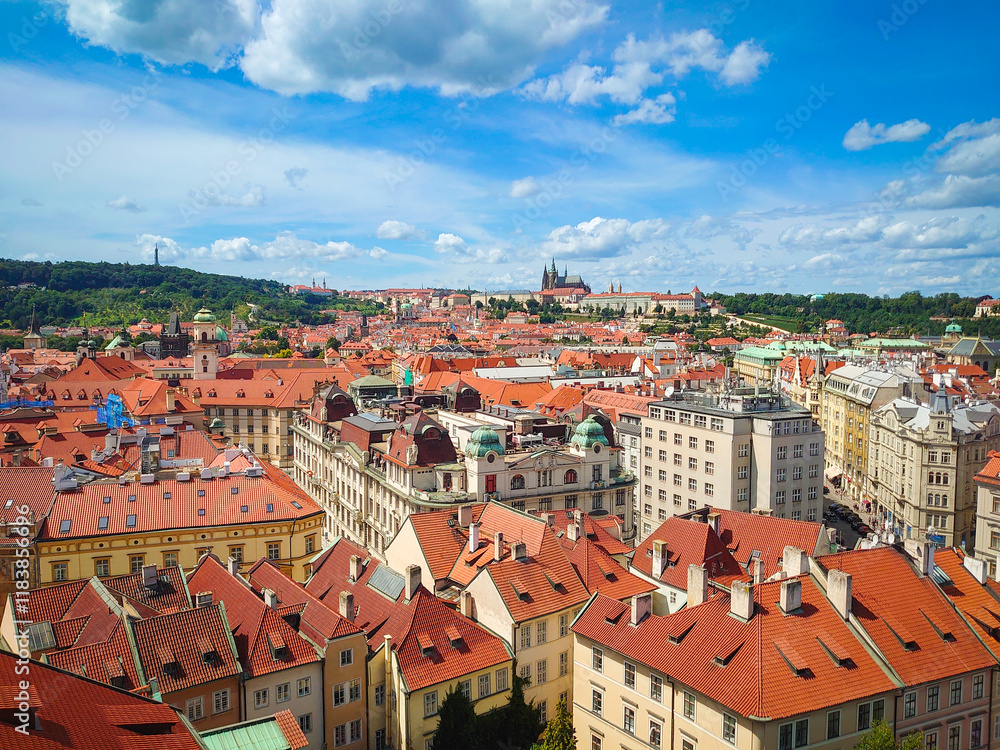 Fototapeta premium View of the city of Prague from the Old Town Hall with a view of Prague Castle, Strahov Monastery and Petrin Hill