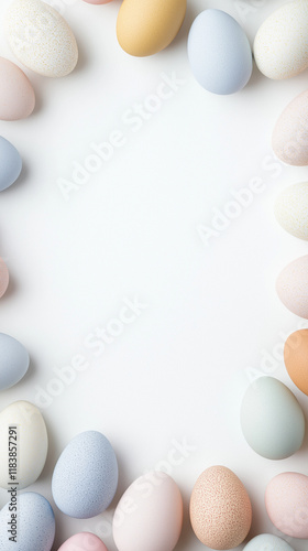 Minimalist easter mockup featuring pastel colored eggs framing a blank space. Ideal for greetings or promotions with space for text or ads.
