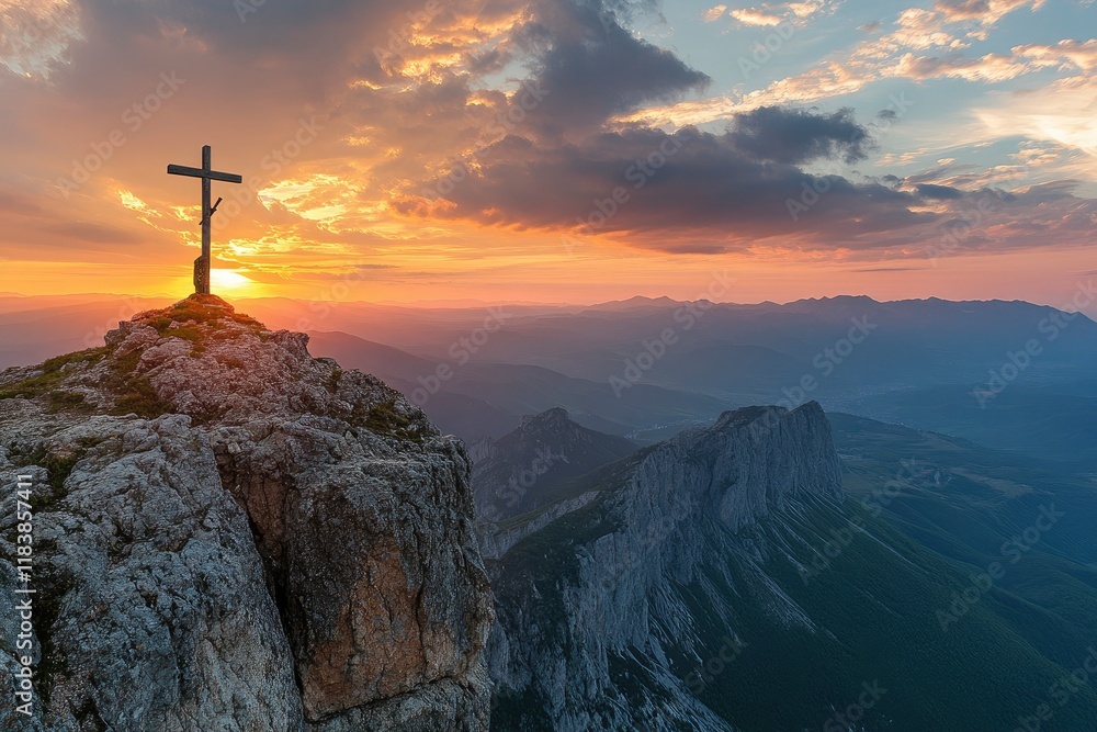cross crucifixion on a mountain cliff rock With a sunset background cross crucifixion on a mountain cliff rock With a sunset background