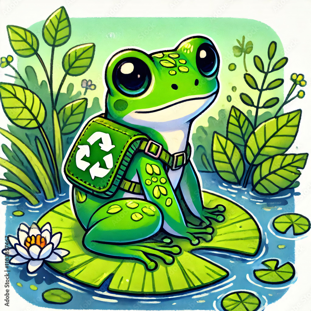 Fototapeta premium Animated Frog Wearing Eco-Vest on Lily Pad in Peaceful Pond Setting