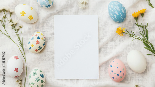 Easter eggs and flowers surrounding a blank mockup on a textured fabric. Ideal for greetings or promotions with space for text or ads. photo