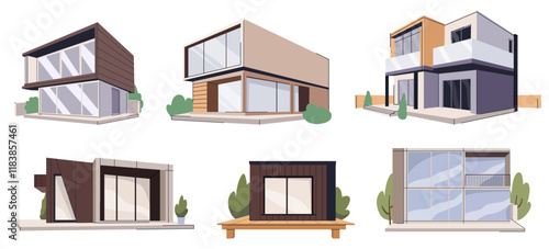 Modular homes set. Home architecture.  Modern houses, villas exteriors set. Residential buildings, real estate made of glass, wood, concrete for flyers, ads, langing, postcards. Wooden eco-friendly