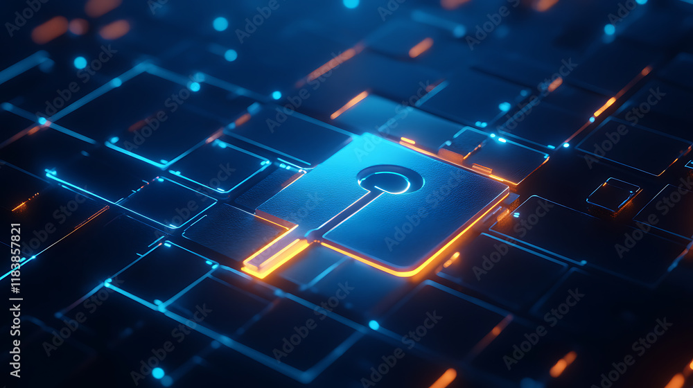 Digital key hologram on blue background, digital security and data protection concept Digital key hologram on blue background, digital security and data protection concept