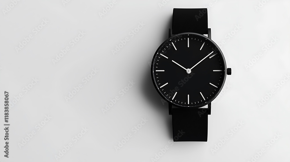 A black watch with a white face sits on a white background A black watch with a white face sits on a white background
