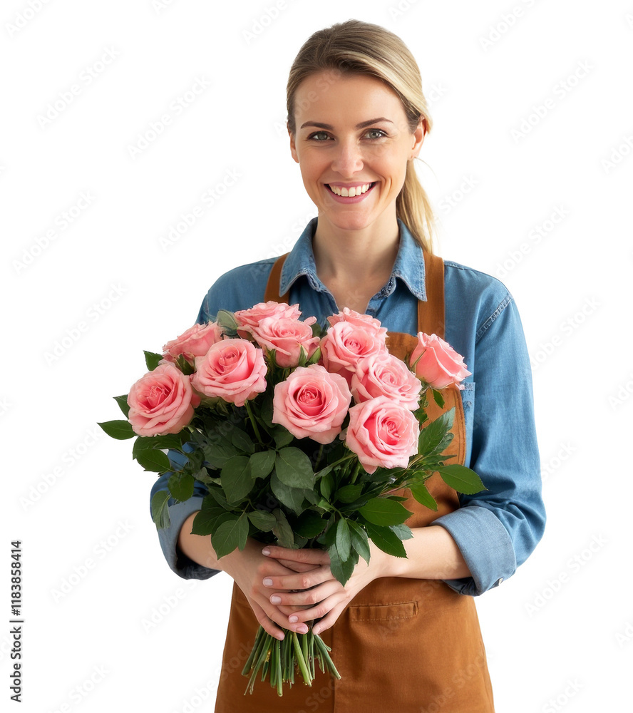 Smiling woman in apron holding a pink roses bouquet, wearing a denim shirt, isolated on transparent background. Flower delivery concept Smiling woman in apron holding a pink roses bouquet, wearing a denim shirt, isolated on transparent background. Flower delivery concept
