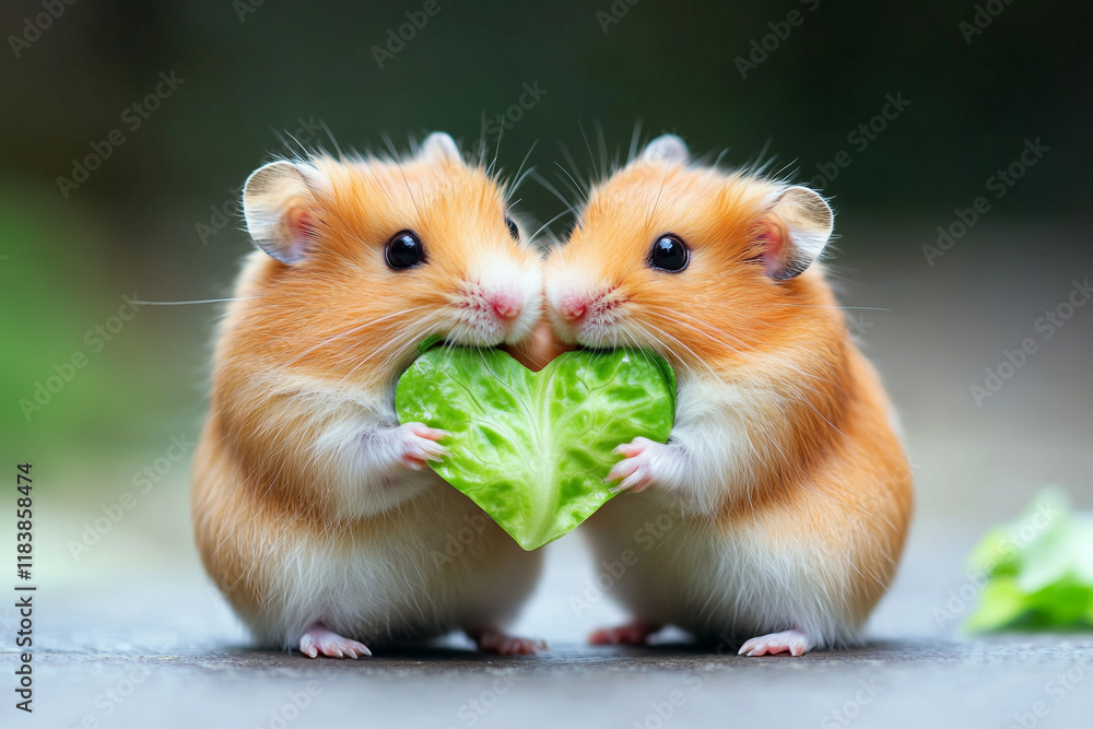 Two hamsters sharing a heart-shaped piece of lettuce, postcard design with empty space for greeting. Valentine concept, veterinary Two hamsters sharing a heart-shaped piece of lettuce, postcard design with empty space for greeting. Valentine concept, veterinary