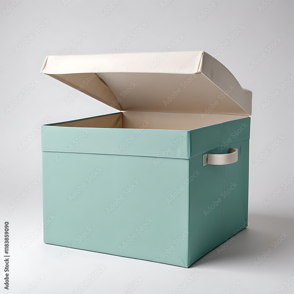A fabric storage box with a lid, placed on a white background. A fabric storage box with a lid, placed on a white background.