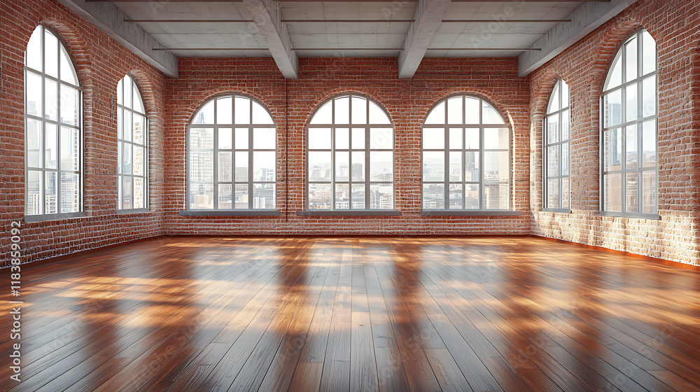 Front view of empty loft interior with wooden floor and large windows Front view of empty loft interior with wooden floor and large windows