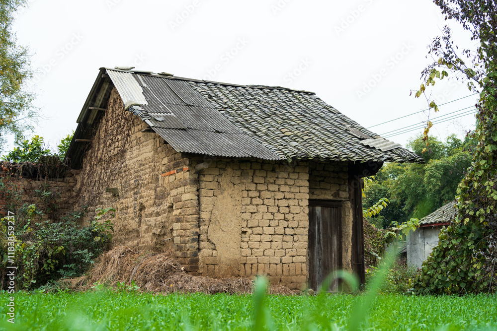 Fototapeta premium Abandoned mud-walled houses in the countryside