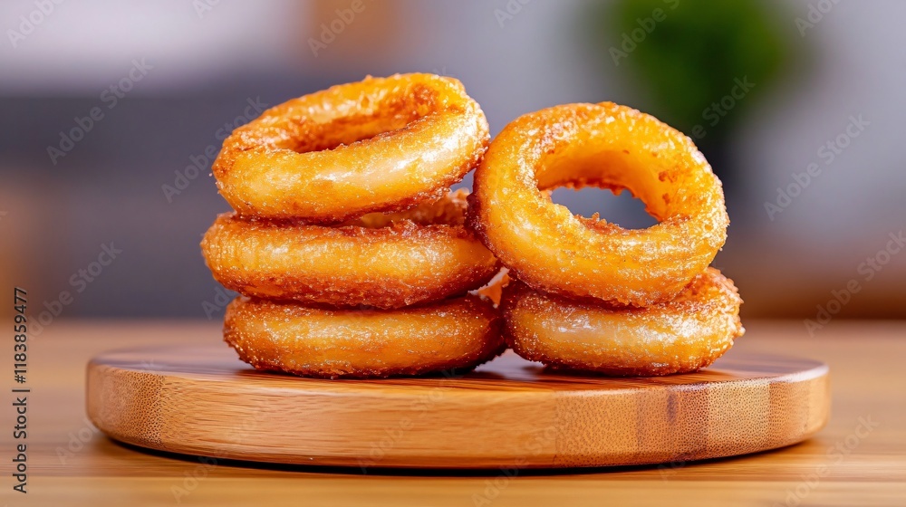 A stack of golden, crispy donuts resting on a wooden board, showcasing their delicious texture and tempting appearance. A stack of golden, crispy donuts resting on a wooden board, showcasing their delicious texture and tempting appearance.