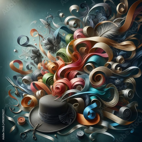 A hat maker's creation unravels ribbons and fabric swirling into photo