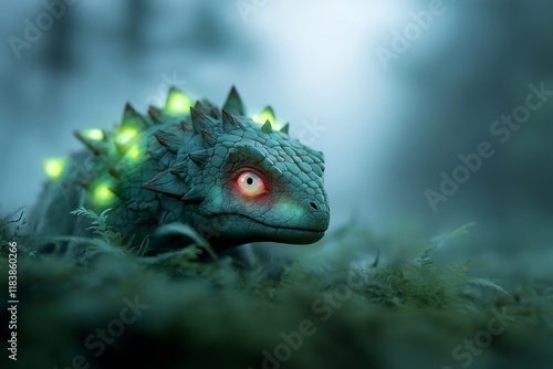 Bioluminescent dinosaur creature its scales shimmering with an ethereal glow stalking through the misty undergrowth of a mystical ancient forest enveloped in a veil of magical luminescence photo