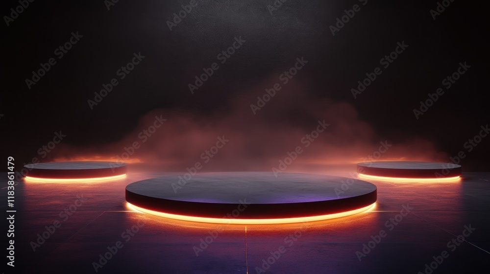 Dark studio with three illuminated circular platforms, smoky atmosphere. Dark studio with three illuminated circular platforms, smoky atmosphere.