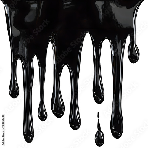 Black oil or paint liquid running and leaking downwards for use as a dripping border or frame, png file cut out and isolated on a transparent background, abstract stock illustration image photo