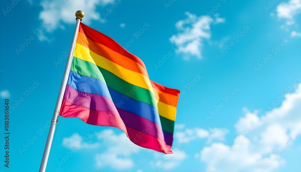 World Pride 2025. LGBT community flag. Pride flag Stock Photo photography behind blue sky, generated with ai World Pride 2025. LGBT community flag. Pride flag Stock Photo photography behind blue sky, generated with ai