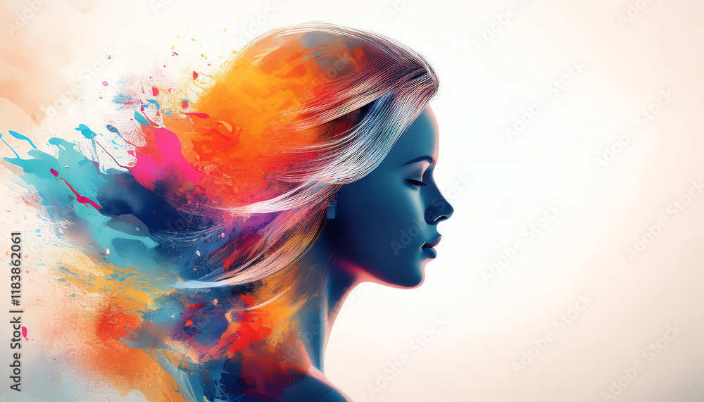 A vibrant profile of a woman with colorful splashes emanating from her hair, blending art and beauty in a surreal composition. A vibrant profile of a woman with colorful splashes emanating from her hair, blending art and beauty in a surreal composition.