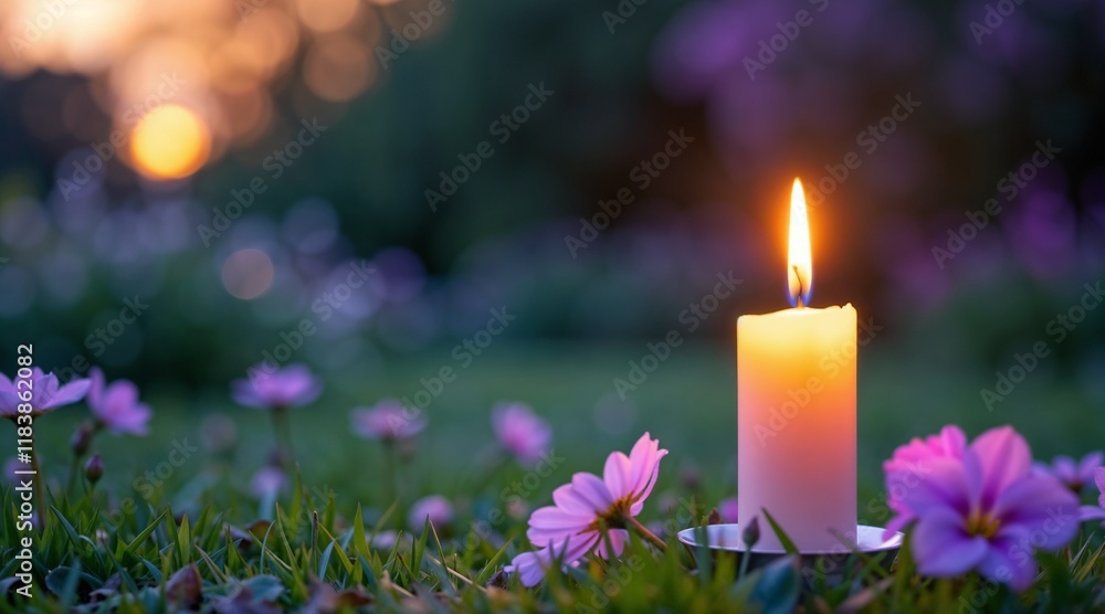 Serene Candlelit Memorial with Wildflowers at Dusk Serene Candlelit Memorial with Wildflowers at Dusk