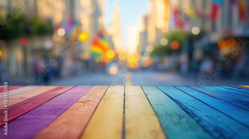 Empty wooden table with gay pride on blurred background
