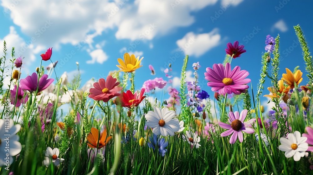Vibrant wildflowers bloom in a sunny meadow under a blue sky with fluffy clouds. Vibrant wildflowers bloom in a sunny meadow under a blue sky with fluffy clouds.