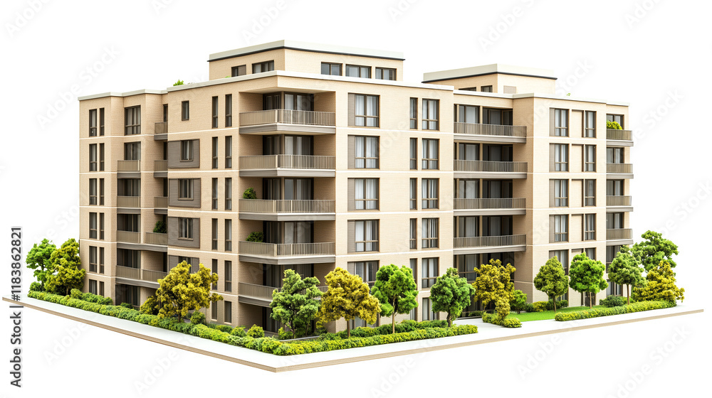 Fototapeta premium Modern residential building with trees on white background.