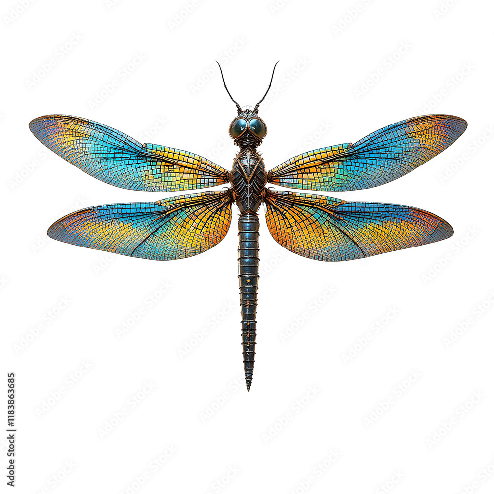 A digitally enhanced close-up image showcases a dragonfly with intricately detailed wings exhibiting a mosaic pattern of blue, orange and yellow hues ,isolated on transparent background. A digitally enhanced close-up image showcases a dragonfly with intricately detailed wings exhibiting a mosaic pattern of blue, orange and yellow hues ,isolated on transparent background.