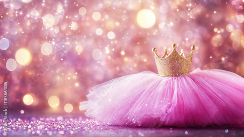 Pink princess tutu dress with golden crown sparkling on glittering background © Александр Марченко