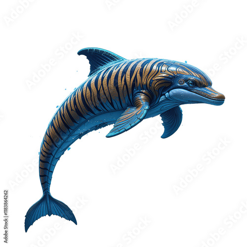 A stylized digital rendering depicts a dolphin with tiger-like stripes swimming and leaping through the water ,isolated on transparent background. photo