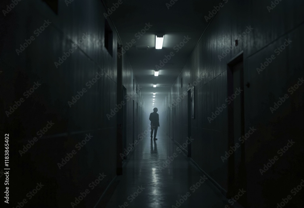 Narrow Corridor with Grey Walls and Silhouette of Person Walking Away Narrow Corridor with Grey Walls and Silhouette of Person Walking Away