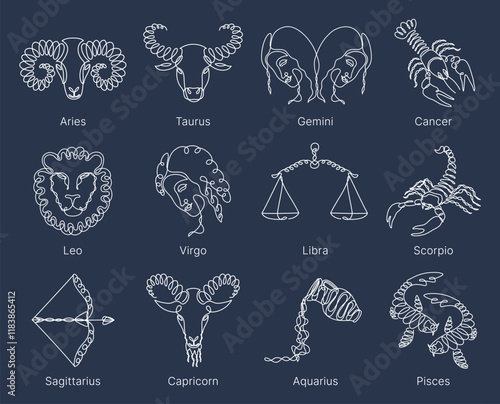 Astrological zodiac signs vector illustration. Line art symbols and icons of esoteric zodiacal horoscope. 