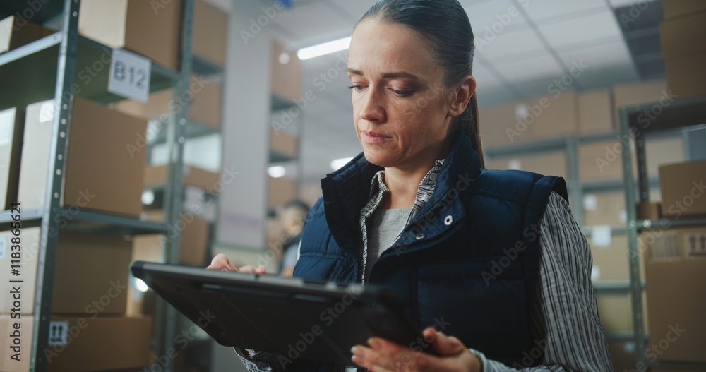 Female Logistics Specialist Uses Tablet Computer, Checks Inventory, Processes Online Orders for Delivery. Warehouse Employee Working in the Background. Sorting Center of E-Commerce Store. Dolly Shot. Female Logistics Specialist Uses Tablet Computer, Checks Inventory, Processes Online Orders for Delivery. Warehouse Employee Working in the Background. Sorting Center of E-Commerce Store. Dolly Shot.