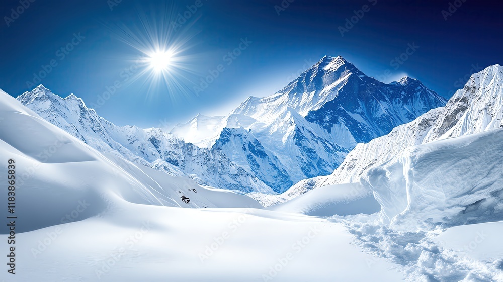 Obraz premium Majestic mountains under a bright blue sky.