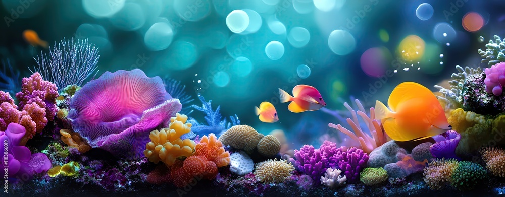 Fototapeta premium Vibrant coral reef with colorful fish swimming.