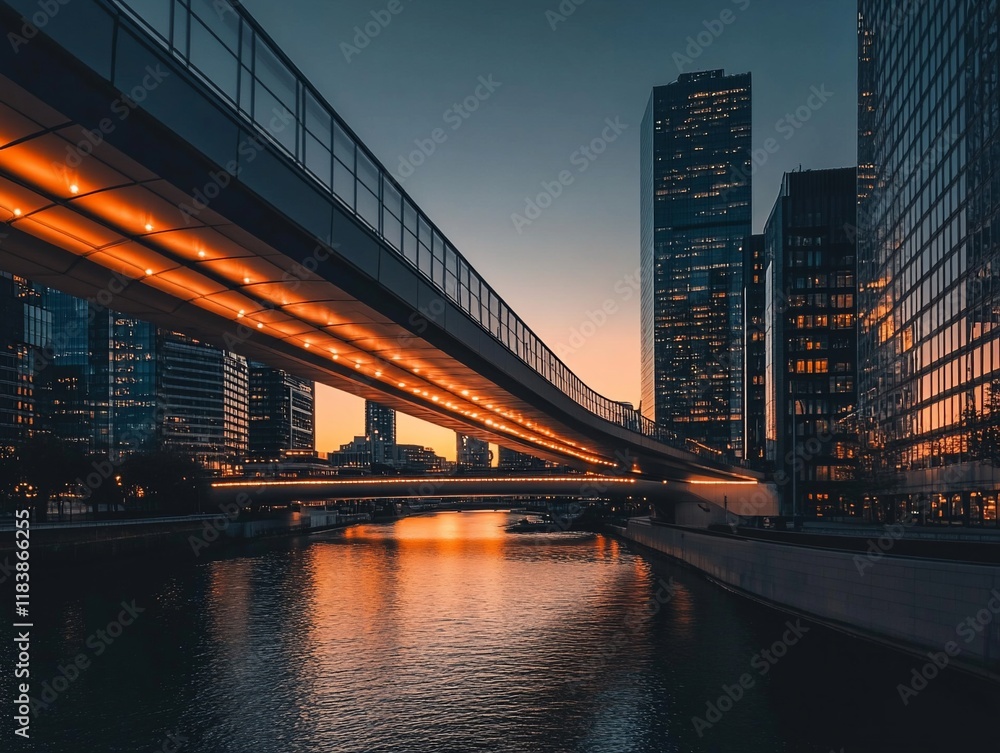 Naklejka premium Illuminated bridge over canal at sunset, modern city skyline.