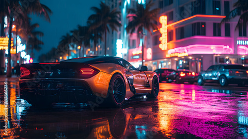 A photo of neon lights reflecting on Ocean Drive, with vintage cars parked in front of Art Deco buildings as the background, during a vibrant Miami night